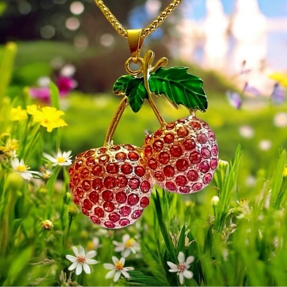 Cherries Crystal Red & Green Fruit Pendant Gold Necklace Chain - Picture 4 of 7